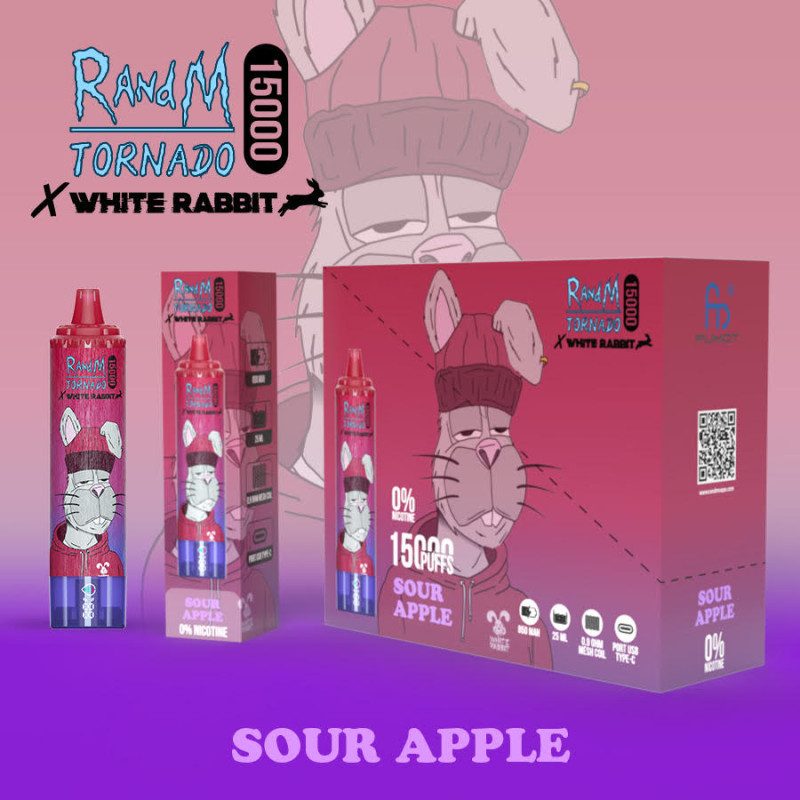 Sour Apple - White Rabbit - RandM Tornado - 15000 Puffs - Vape Pen - Cigarette jetable Sour Apple - White Rabbit - RandM Tornado - 15000 Puffs - Vape Pen - Cigarette jetable