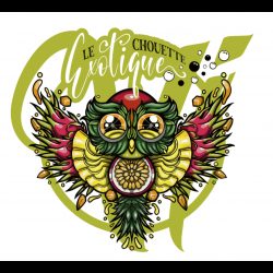 Illustration de chouette avec décor tropical et texte 'Le Chouette Exotique' pour e-liquide