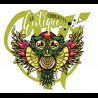 Illustration de chouette avec décor tropical et texte 'Le Chouette Exotique' pour e-liquide