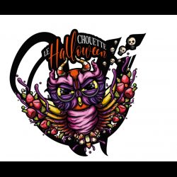 Illustration de chouette stylisée pour Halloween avec fruits et bonbons colorés