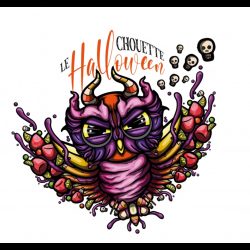 Logo 'Le Chouette Halloween' avec chouette fantaisiste entourée de fruits et bonbons.