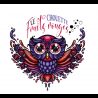 Logo artistique 'Le Chouette Fruits Rouges' avec chouette et fruits, texte stylisé