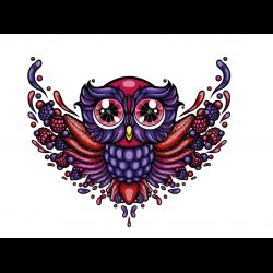 Illustration colorée de chouette avec fruits rouges pour e-liquide 'Le Chouette Fruits Rouges