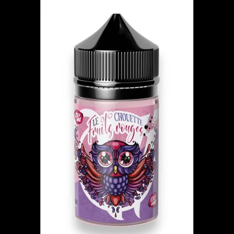 Bouteille d'E-liquide 'Le Chouette Fruits Rouges' de Vape Institut, 50 ml, avec design de chouette violet