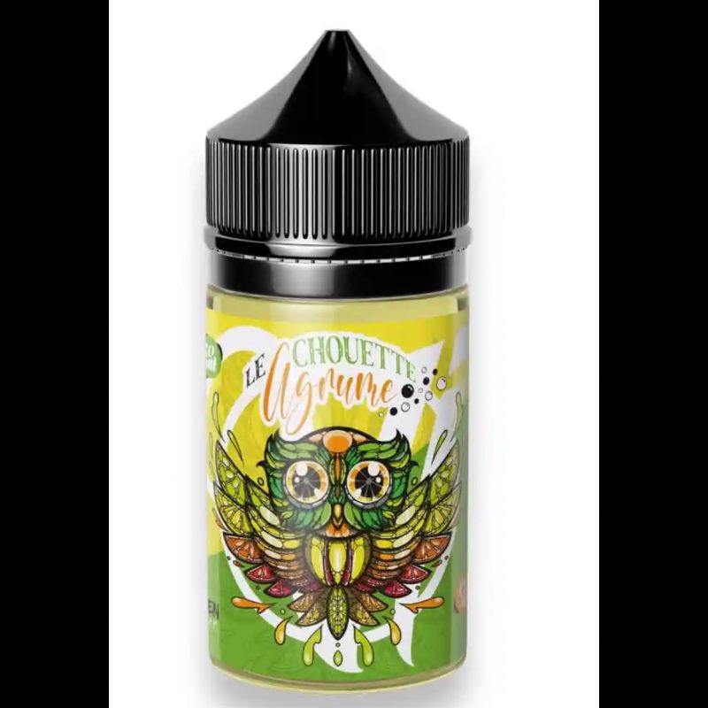 Bouteille d'E-liquide 'Le Chouette Agrume' de Vape Institut, 50 ml, avec illustration colorée de chouette Bouteille d'E-liquide 'Le Chouette Agrume' de Vape Institut, 50 ml, avec illustration colorée de chouette