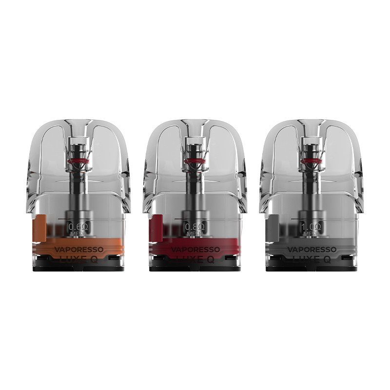 Pack de 4 cartouches 3ml Luxe Q Vaporesso en couleurs variées, avec résistance intégrée, compatibles avec kit Xros Pro