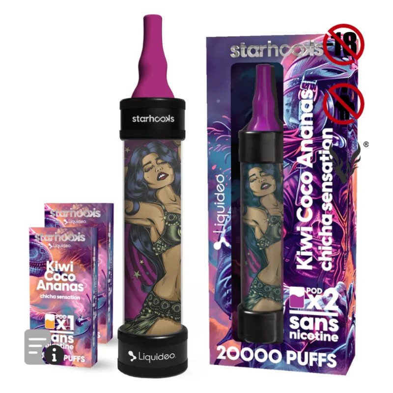 Starhooks Chicha 20 000 Puffs - 1 Batterie + 2 Pods Kiwi Coco Ananas Starhooks Chicha 20 000 Puffs - 1 Batterie + 2 Pods Kiwi Coco Ananas
