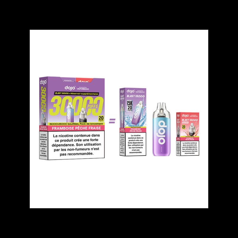 Kit Dojo Blast Framboise Pêche Fraise 30K 2ml (+2 x 10ml) 20mg Vaporesso Kit Dojo Blast Framboise Pêche Fraise 30K 2ml (+2 x 10ml) 20mg Vaporesso
