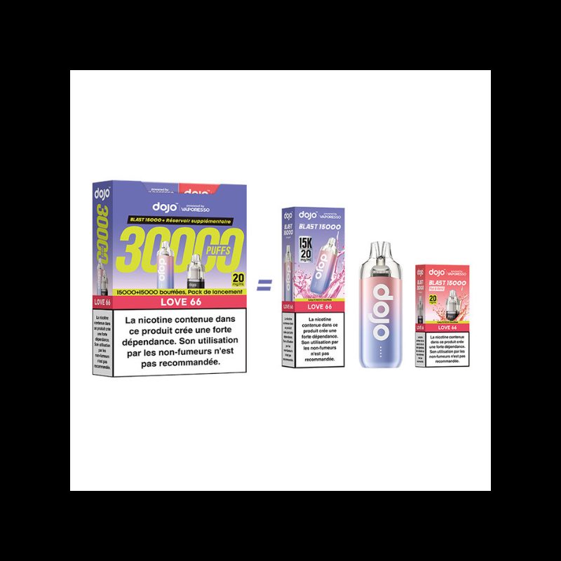 Kit Dojo Blast Love 66 30K 2ml (+2 x 10ml) 20mg Vaporesso Kit Dojo Blast Love 66 30K 2ml (+2 x 10ml) 20mg Vaporesso
